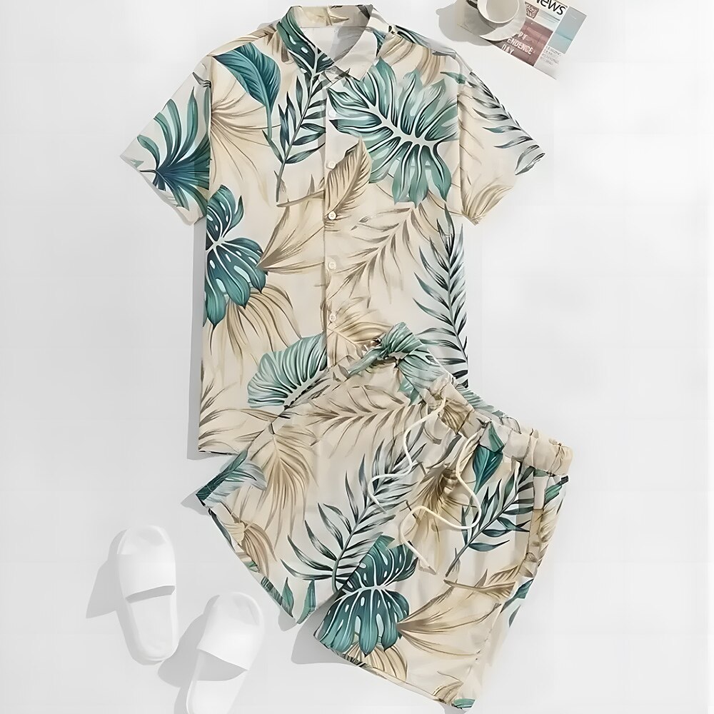 Herren Sommer Pflanzen 2St Hemden-Sets Sommeroberteile Kurzarm Kurze Hosen Umlegekragen Lässig Resort Lässig Täglich Urlaubskleidung 3D-Druck Rubinrot Lightinthebox
