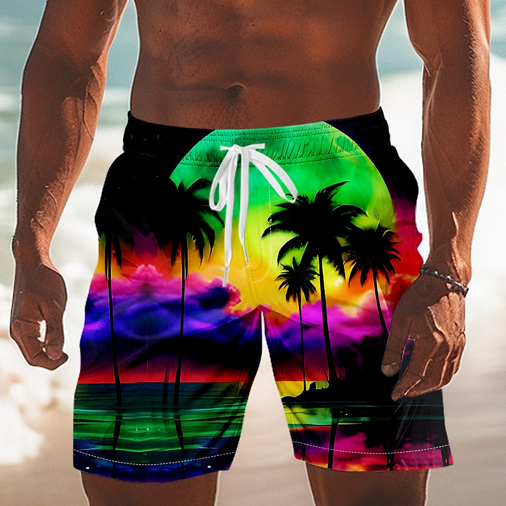 Herren Badeshorts Boardshorts Sommershorts Kordelzug Netzfutter Elastischer Bund Kokospalme Landschaft Tropische Pflanzen Kurz Urlaub Hawaiianisch Schwarz Mikroelastisch Lightinthebox