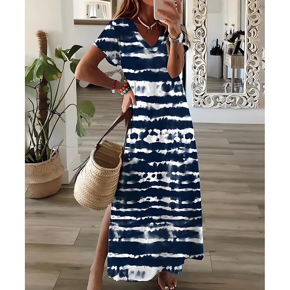 Damen Maxikleid Sommerkleid A Linie Kleid Urlaub Lässig Ausgehen Strand Normale Passform Blumen Grafik Kurzarm V Ausschnitt Blau Grün Frühling Herbst Lightinthebox