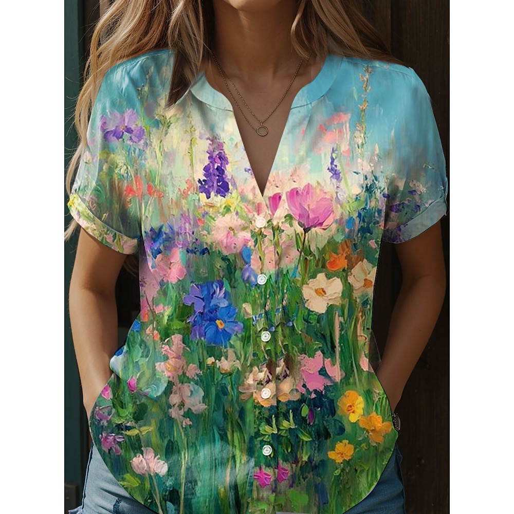 Damen Bluse Blumen Graphic Stilvoll Strand Design Kurzarm Hemdkragen Normale Oberteile Täglich Knopf Bedruckt Grün Frühling Herbst Lightinthebox