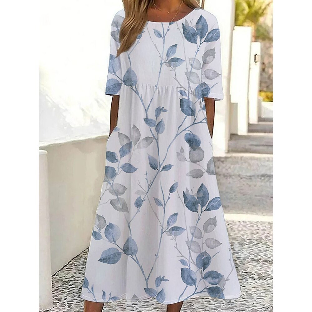Damen Midikleid Sommerkleid Urlaub Lässig Strand Täglich Ferien Teegesellschaft Lässiger Schnitt Blumen Grafik Kurzarm Rundhalsausschnitt Weiß Blau Sommer Lightinthebox
