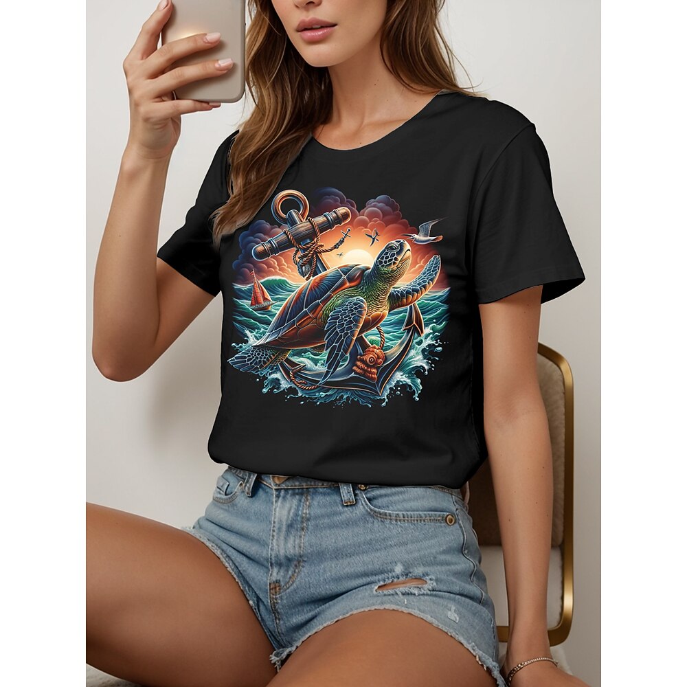 Damen T Shirt Baumwollhemd Grafik Tiermotiv Ozean Lässig Kurzarm Rundhals Normale Oberteile Täglich Druck Schwarz Wein Sommer Lightinthebox