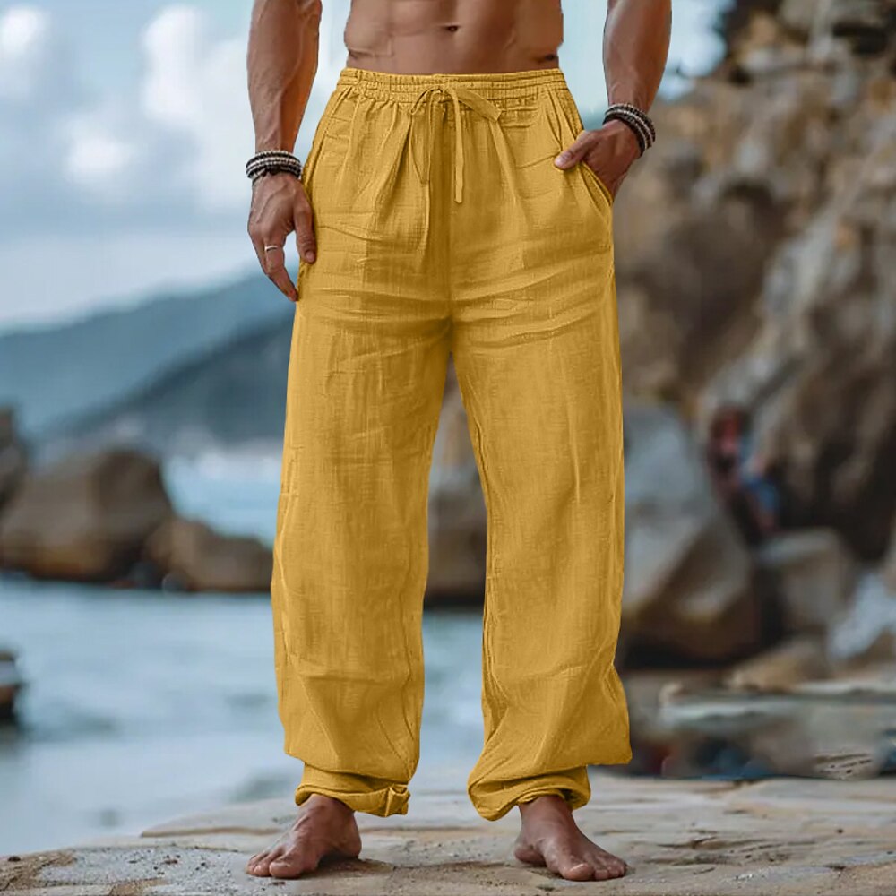 Herren Leinenhosen Hose Sommerhose Kordelzug Elastischer Bund Gerader Schnitt Einfach Komfort Atmungsaktiv Volle Länge Lässig Täglich Ferien Urlaub Mode Schwarz Weiß Lightinthebox