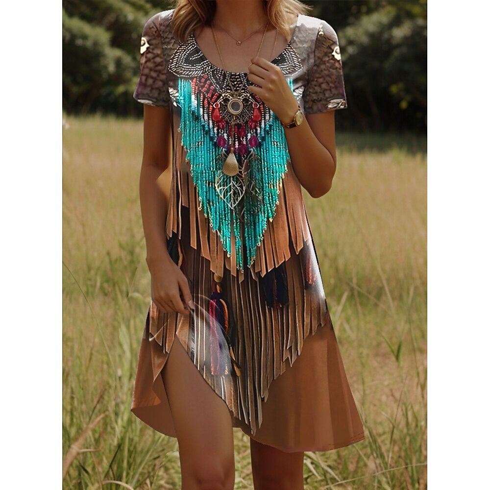 Damen Minikleid T-Shirt-Kleid A Linie Kleid Urlaub Lässig Boho Ausgehen Standard Passform Grafik Geometrisch Stammes Kurzarm Rundhalsausschnitt Dunkelbraun Leicht Braun Sommer Frühling Lightinthebox