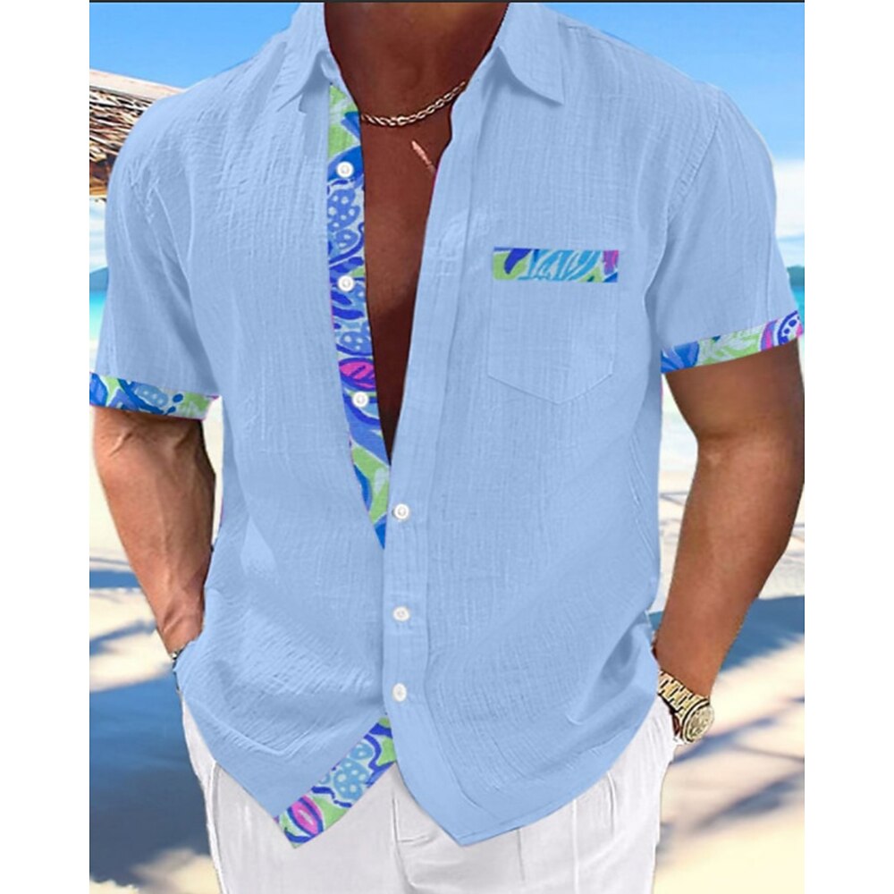 Herren Hemd Sommerhemd Freizeithemd Strandhemd Knopfhemd Blau Kurzarm Puzzle Revers Urlaub Hawaiianisch Bekleidung Polyester Mode Lässig Bequem Lightinthebox