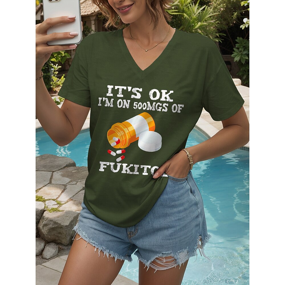 Damen T Shirt Grafik Buchstabe Lässig Kurzarm V Ausschnitt Normale Oberteile Täglich Druck Schwarz Staubiges Blau Grün Sommer Frühling Lightinthebox