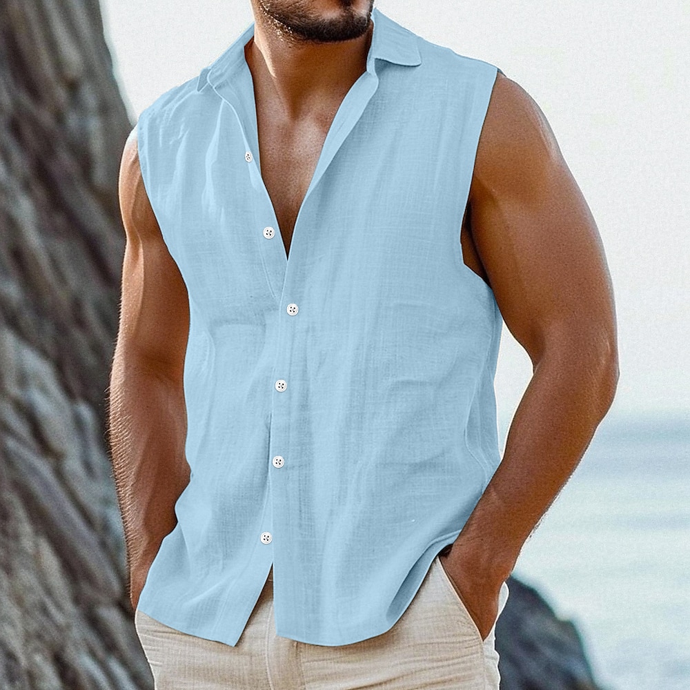 Herren Hemd leinenhemd Sommerhemd Strandbekleidung Knopfhemd Einfach Urlaub Kreuzfahrt Weiß Rosa Leicht Blau Ärmellos Kragen Sommer Frühling Bekleidung Lightinthebox