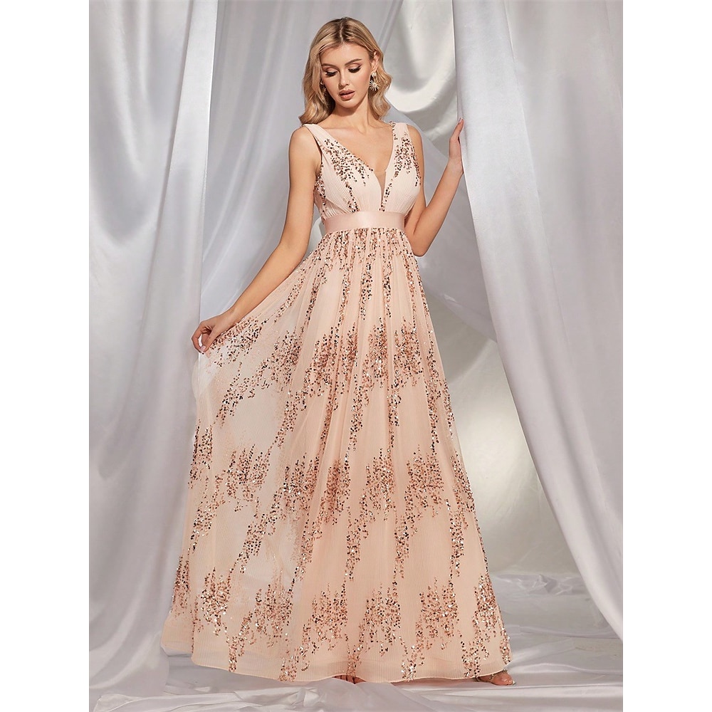 A-Linie Abendkleider Vintage Kleid Formal Abiball Boden-Länge Ärmellos V Ausschnitt Pailletten mit Glitzer Paillette 2025 Lightinthebox