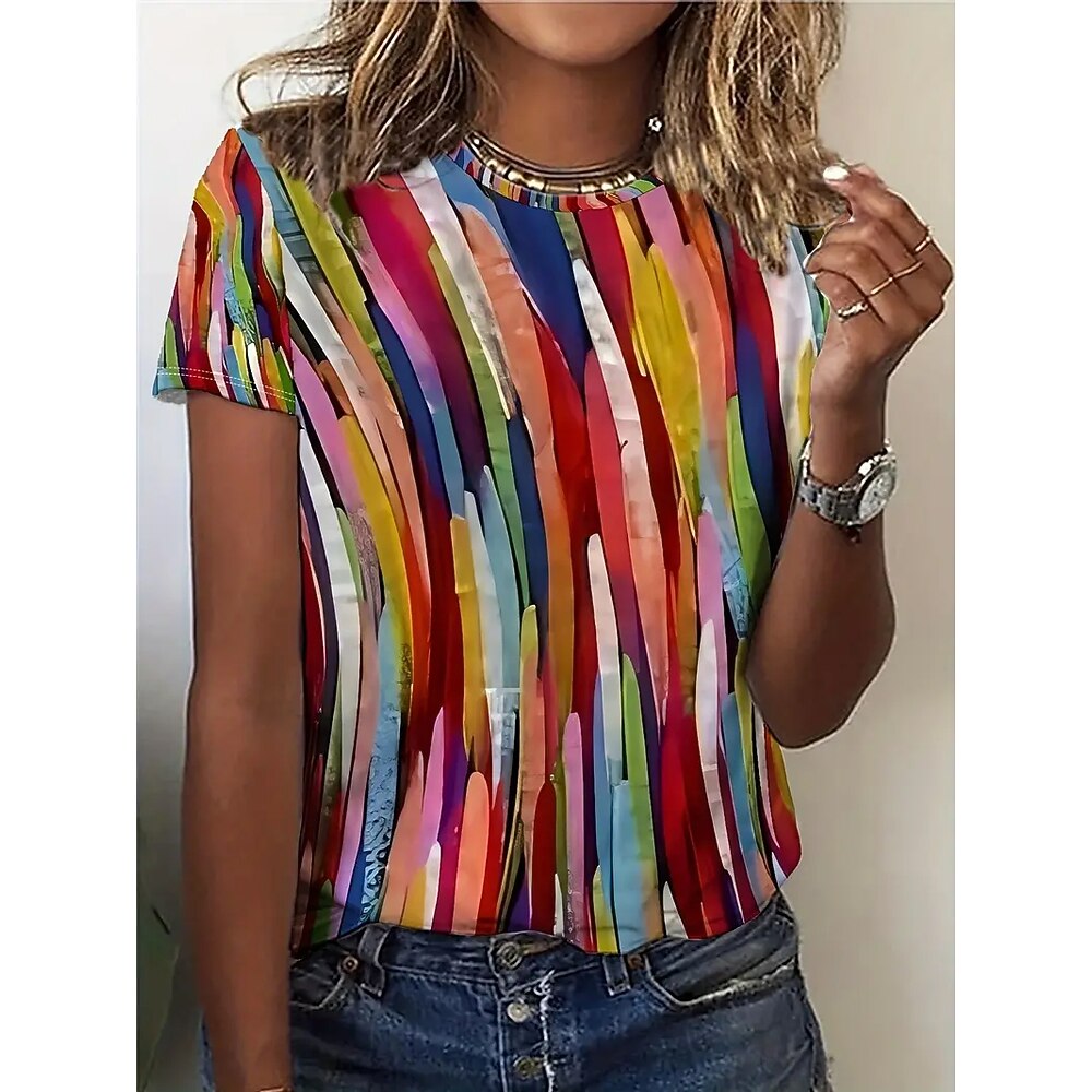 Damen T Shirt Sommeroberteile Farbblock Abstrakt Klassisch Lässig Kurzarm Rundhalsausschnitt Crop Tops Täglich Wochenende Druck Regenbogen Sommer Frühling Herbst Lightinthebox