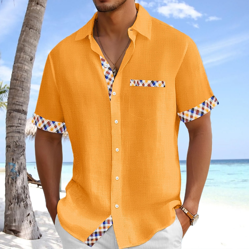 Herren Hemd leinenhemd Sommerhemd Strandhemd Karomuster Urlaub Ferien Rosa Marineblau Orange Leicht Blau Kurzarm Kragen Sommer Bekleidung Lightinthebox