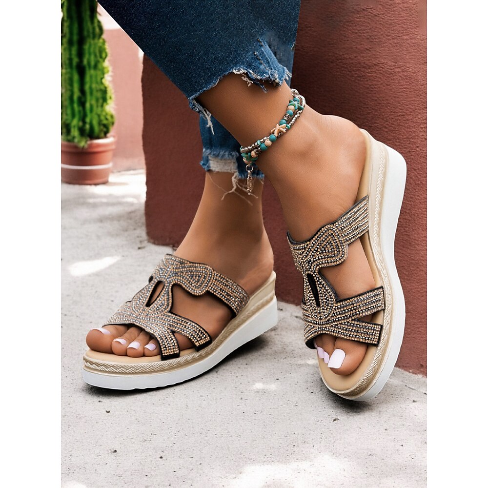 Damen-Keilsandalen mit Strasssteinen - elegante Slip-On-Plateau-Sandalen für Sommer, Strand und Freizeitausflüge Lightinthebox