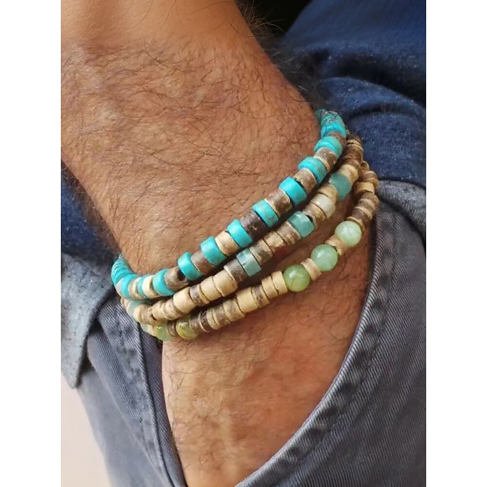 handgefertigtes Armband-Set aus Natursteinperlen für Männer - Wickelarmband aus Holz und Türkis im Boho-Surfer-Stil, verstellbarer Tribal-Schmuck für Strand, Reisen und Freizeit Lightinthebox