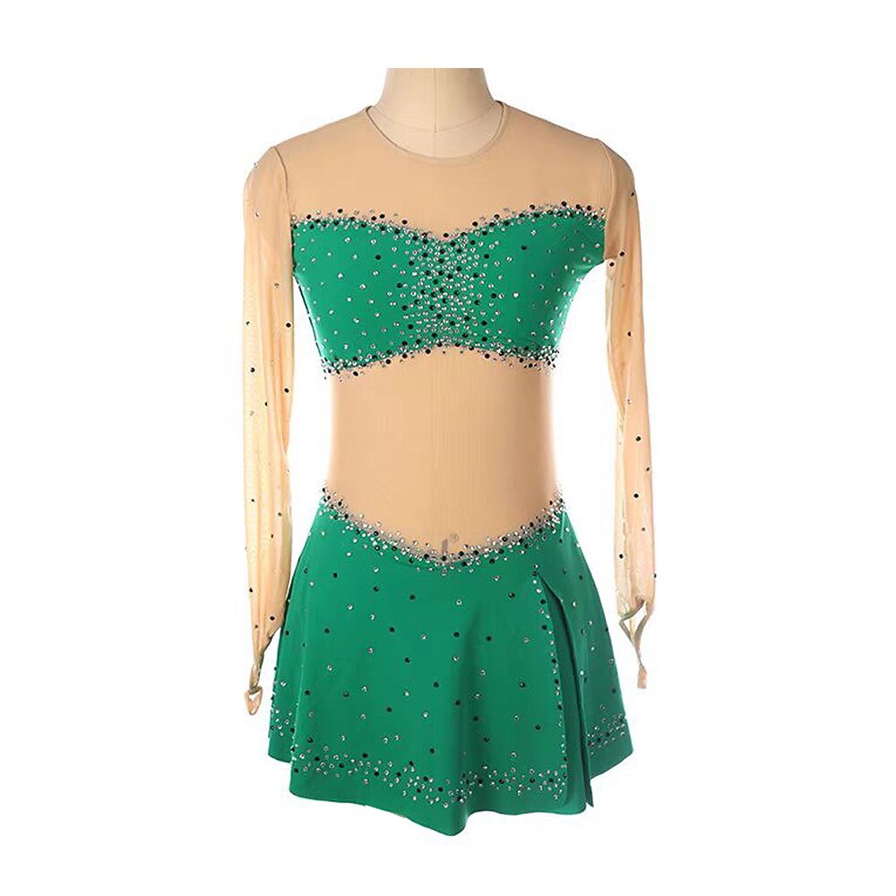 Eiskunstlaufkleid Damen Mädchen Eislaufen Kleid Grün Patchwork Daumenloch Netzstoff Spandex Dehnbar Training Übung Professionell Eiskunstlaufkleidung Thermowarm Kristall / Strass Langarm Eislaufen Lightinthebox