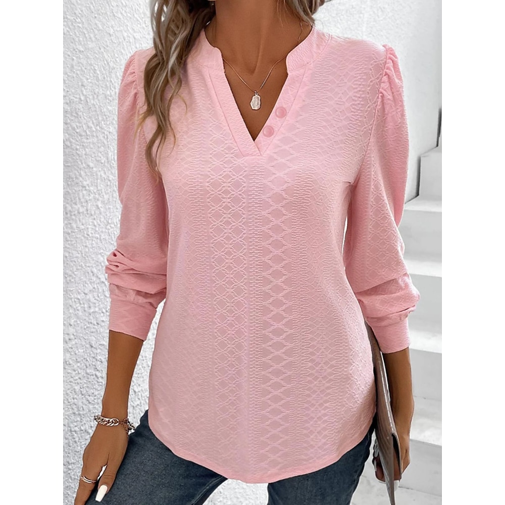 Damen Hemd Bluse Glatt Basic Modern Langarm Gekerbter Hals Normale Oberteile Täglich Festtage Knopf Rosa Sommer Lightinthebox