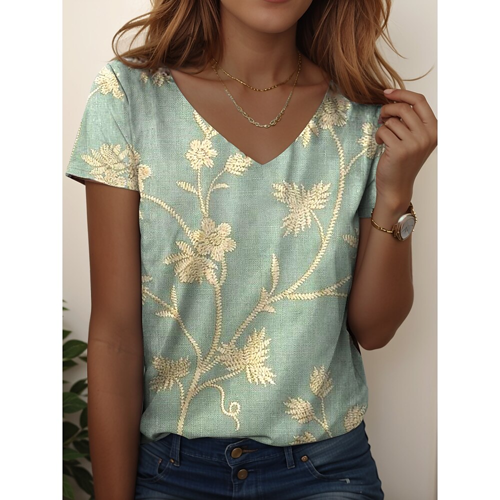 Damen T Shirt Ombre Blumen Grafik Lässig Kurzarm V Ausschnitt Normale Oberteile Täglich Druck Weiß Grün Sommer Frühling Lightinthebox