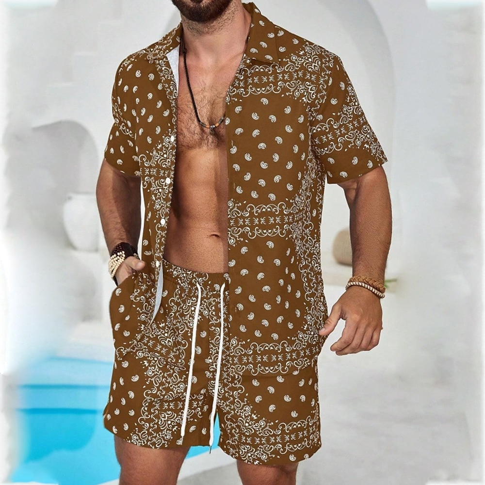 Herren Print 2St Sommertops Kurzarm Kurze Hosen Hemden-Sets Umlegekragen Brautkleider schlicht Outdoor Heim Casual 3D-Druck Braun Lightinthebox