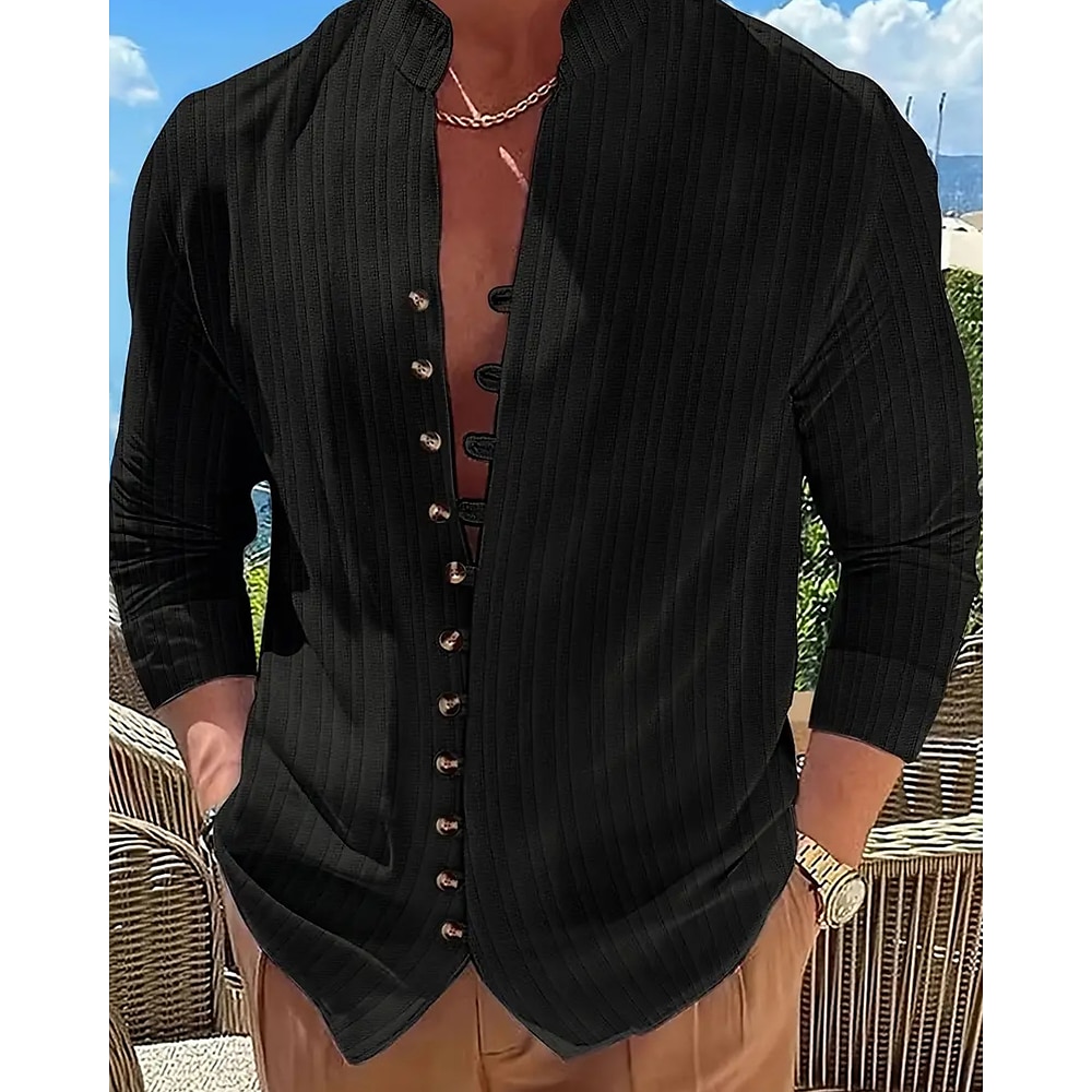 Herren Hemd Sommerhemd Freizeithemd Schwarz Weiß Hellgrün Rosa Dunkelmarine Langarm Einfach Stehkragen Urlaub Hawaiianisch Button-Down Bekleidung Polyester Mode Lässig Bequem Lightinthebox