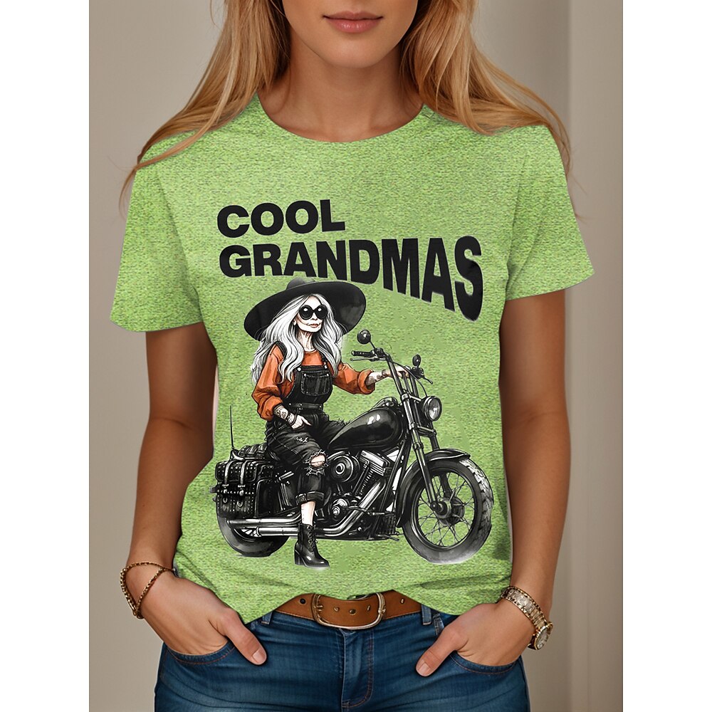 Damen T Shirt Grafik Buchstabe Stilvoll Lässig Kurzarm Rundhalsausschnitt Rundhals Normale Oberteile Täglich Wochenende Druck Weiß Rosa Blau Grün Sommer Frühling Grandmas Motorcycle Lightinthebox