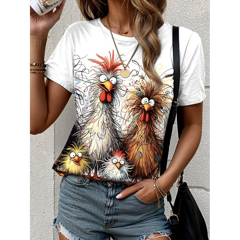 Damen T Shirt Grafik Tiermotiv Hahn Lässig Trendy Kurzarm Rundhals Normale Oberteile Täglich Druck Weiß Sommer Lightinthebox