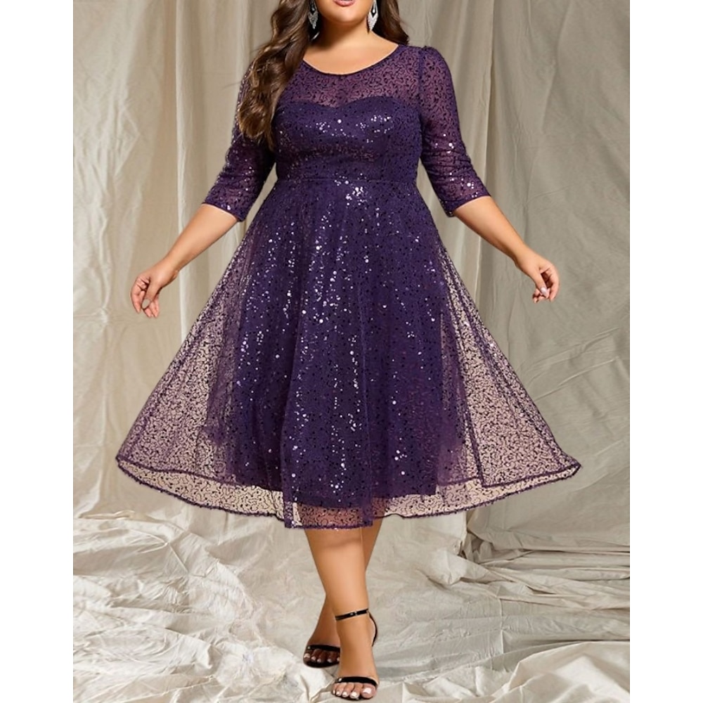 A-Linie Kleider für Hochzeitsgäste Elegant Kleid Hochzeitsgast Tee-Länge Dreiviertelarm Rundhalsausschnitt Herbsthochzeitsgast Paillettenbesetzt mit Glitzer Paillette 2025 Lightinthebox