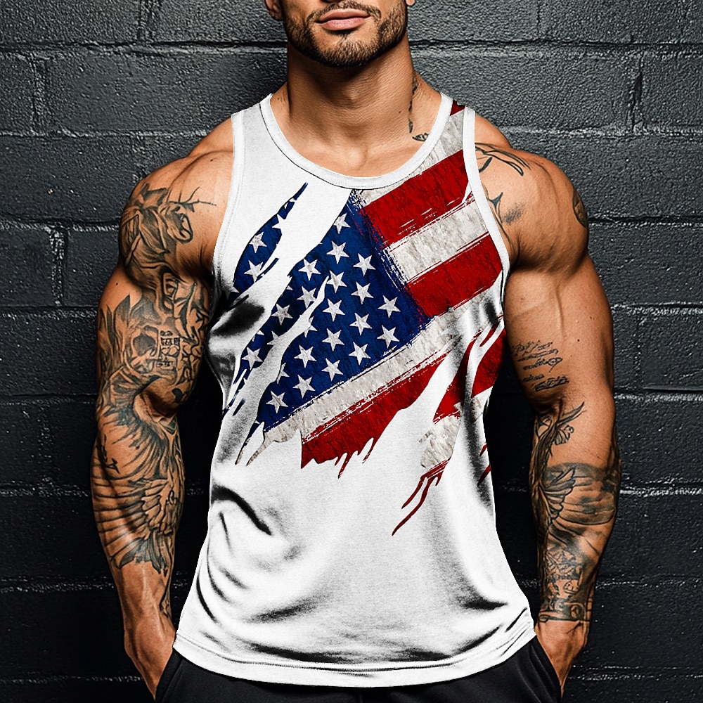 Amerikanischer Unabhängigkeitstag Herren Amerikanische US-Flagge T Shirt Weste Ärmellos T-Shirt 3D-Druck Rundhalsausschnitt Hemd Urlaub Lässig Hawaiianisch Ferien Schwarz Weiß Blau Sommer Frühling Lightinthebox