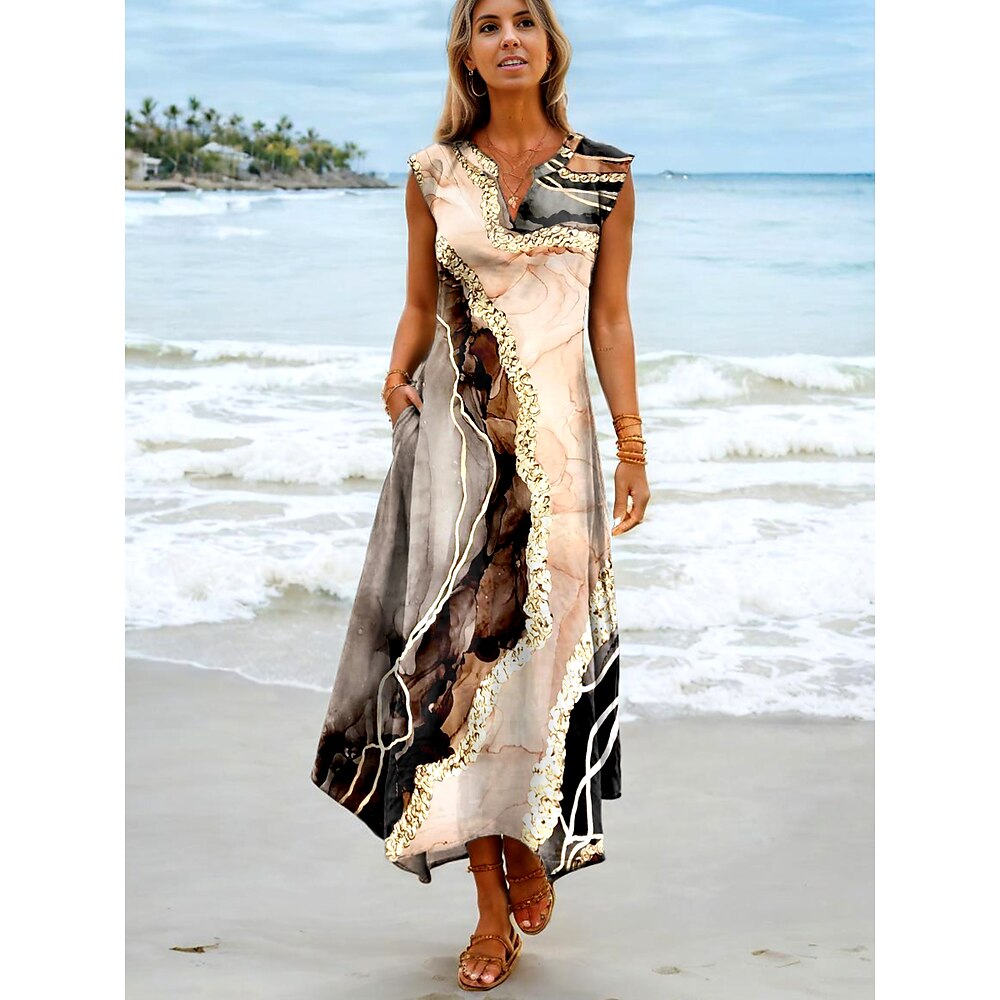 Damen Maxikleid Sommerkleid Shiftkleid Urlaub Lässig Strand Party Strand Lässiger Schnitt Grafik Marmorierung Ärmellos V Ausschnitt Khaki Sommer Frühling Lightinthebox