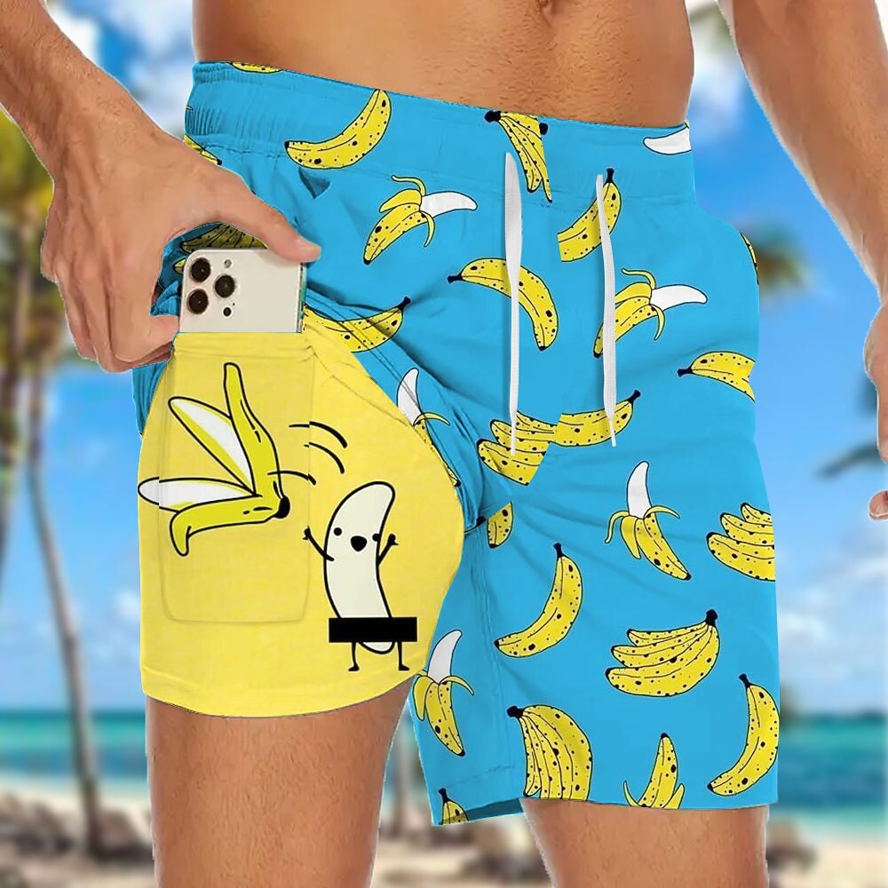 Herren Lustig Banane Gefütterte Shorts 2 in 1 Badeshorts Badeshorts Mittlere Taille Hawaiianisch Urlaub Ferien Strandbekleidung Seitentaschen Mit Kompressionsfutter Elastischer Kordelzug in der Taille Lightinthebox