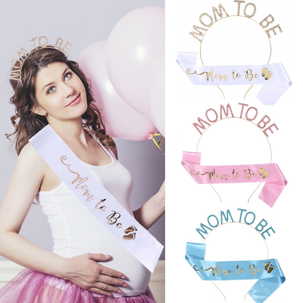 Schärpen- und Stirnband-Set zur Babyparty-Dekoration, Schärpenset in Salbeigrün für werdende Mütter mit buntem Blumenstirnband, Schärpe als Geschenk zur Geburt und als Dekoration für die Babyparty Lightinthebox