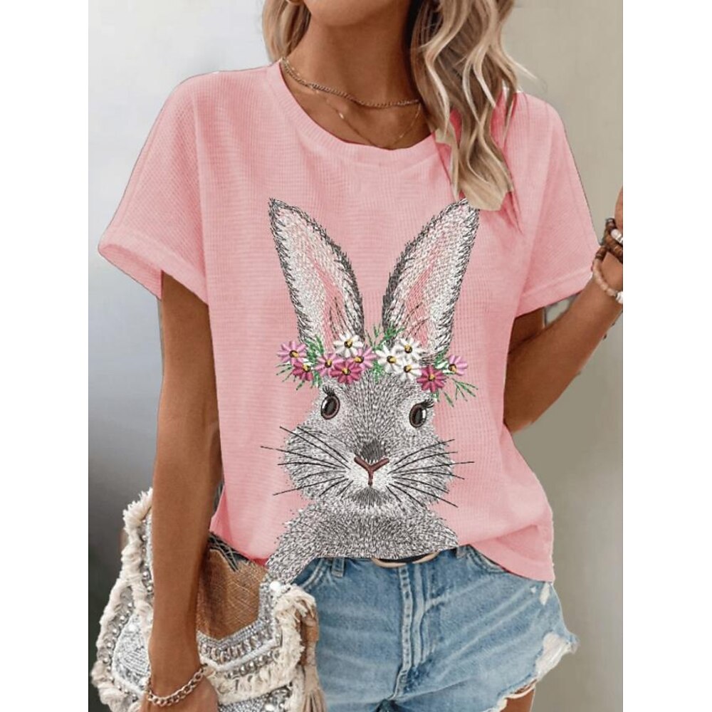 Ostern Damen T Shirt Grafik Tiermotiv Niedlich Stilvoll Lässig Kurzarm Rundhals Normale Oberteile Täglich Wochenende Druck Weiß Rosa Blau Fuchsie Sommer Frühling Lightinthebox