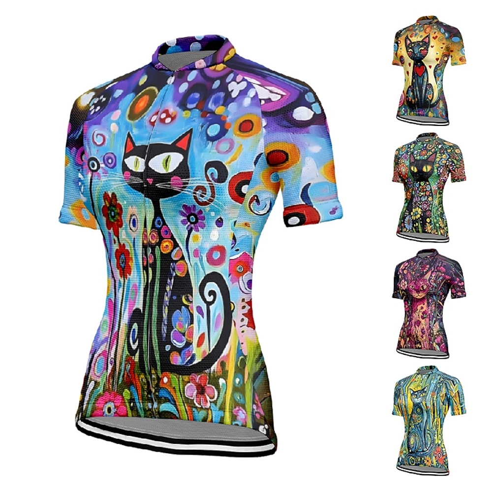 Damen Radtrikot Kurzarm Fahhrad T-Shirt Trikot mit 3 Gesäßtaschen Mountainbike MTB Atmungsaktiv Schnelltrocknend Anatomisches Design Feuchtigkeitsableitend Blau Minzgrün Dunkelgrün Katze Sport Lightinthebox