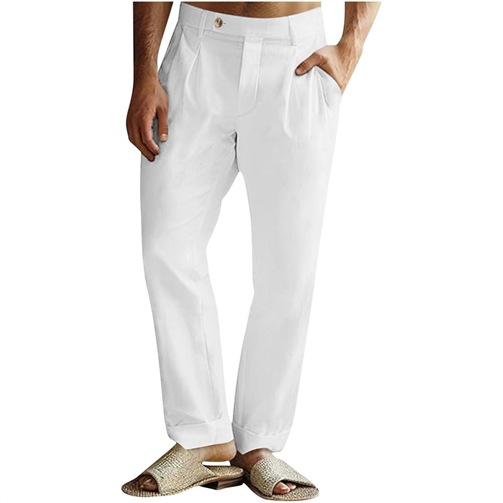 Herren Leinenhosen Hose Sommerhose Strandhose Tasche Einfach Komfort Atmungsaktiv Urlaub Täglich Ferien Chino Athleisure Kurkuma Schwarz Lightinthebox