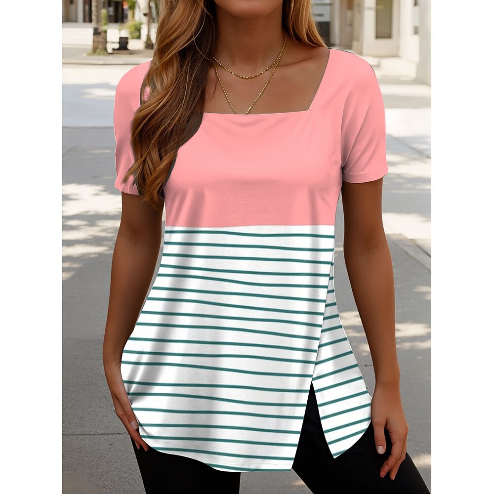 Damen T Shirt Grafik Geometrisch Gestreift Stilvoll Lässig Kurzarm Quadrathals Normale Oberteile Täglich Wochenende Druck Rosa Blau Purpur Grün Sommer Frühling Lightinthebox