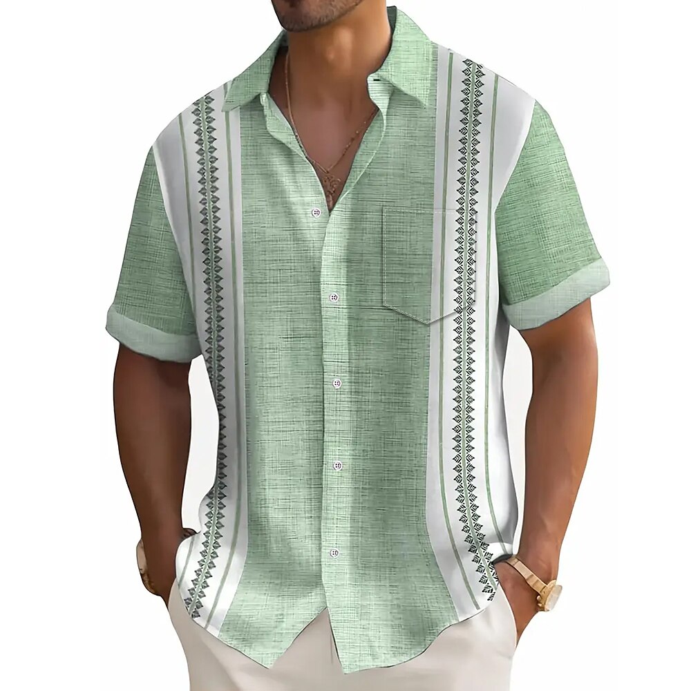 Herren Geometrisch Gestreift Hemd Freizeithemd Knopfhemd Kurzarm Modisch lässig Urlaub Ferien Streetwear Sommer Umlegekragen 3D-Druck Hemden mit Kragen Eine Tasche vorne Violett Grün Lightinthebox