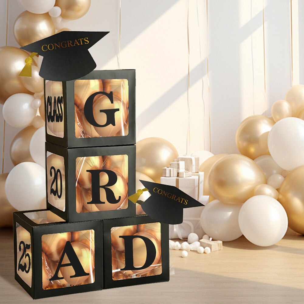 Abschlussdekorationen Klasse von 2025, 4 Stück schwarze Ballonboxen für die Abschlussfeier 2025 mit den Buchstaben „Grad", 2025 für Vorschule, Kindergarten, High School, College, Abschlussfeier, Lightinthebox