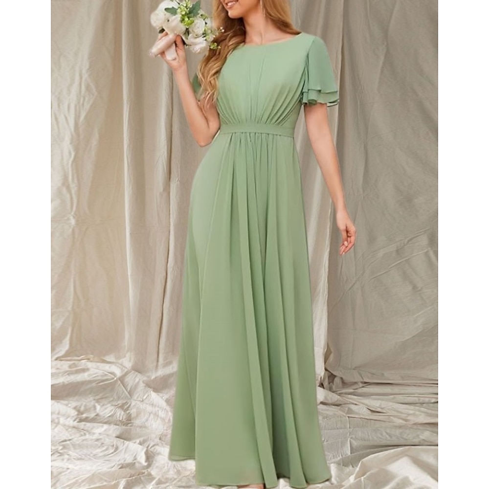 A-Linie Brautjungfernkleid Rundhalsausschnitt Kurzarm elegant bodenlang Chiffon mit Schärpe / Schleife / Rüschen 2025 Lightinthebox