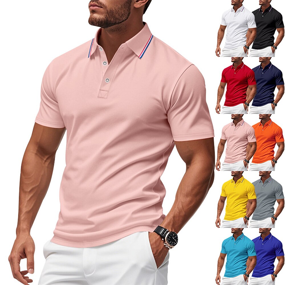 Herren Golfshirt Piqué-Poloshirt Geschäft Lässig Gerippter Polokragen Kurzarm Mode Basic Einfarbig Knöpfe Sommer Frühling Herbst Normale Passform Hellrosa Schwarz Weiß Gelb Hellgrün Rote Golfshirt Lightinthebox