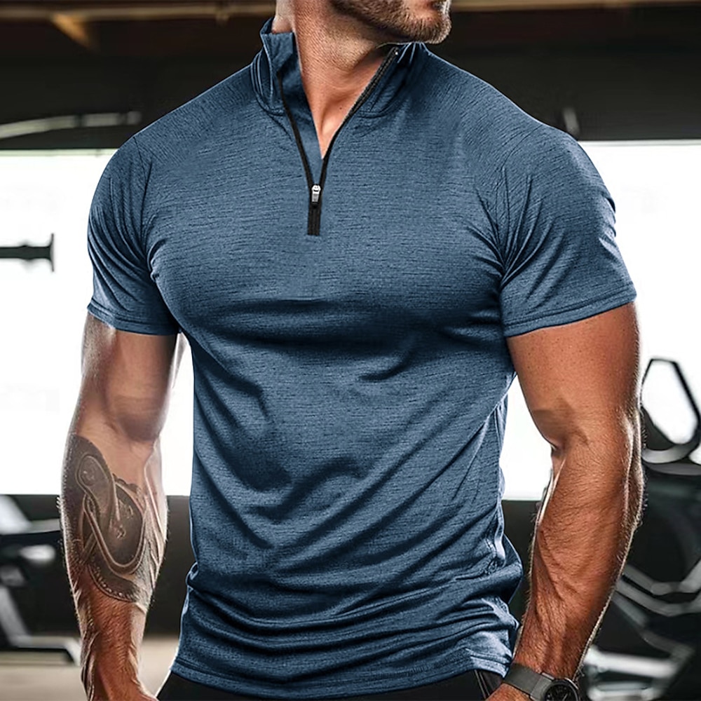 Herren T Shirt T-Shirt Kurzarm Kurze Ärmel Stehkragen Viertelreißverschluss Sommer Frühling Einfarbig Einfach Sport Basic Reißverschluss Urlaub Straße Lässig Hellblau Schwarz Weiß Top T-Shirt für Lightinthebox