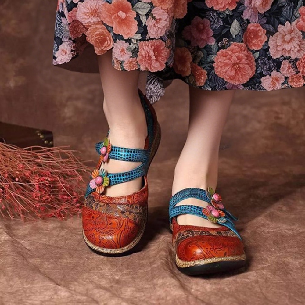 Damenschuhe aus Kunstleder im Vintage-Stil mit Blumenmuster - bequeme, mit Blumen verzierte Flats im Boho-Stil für die Freizeit Lightinthebox