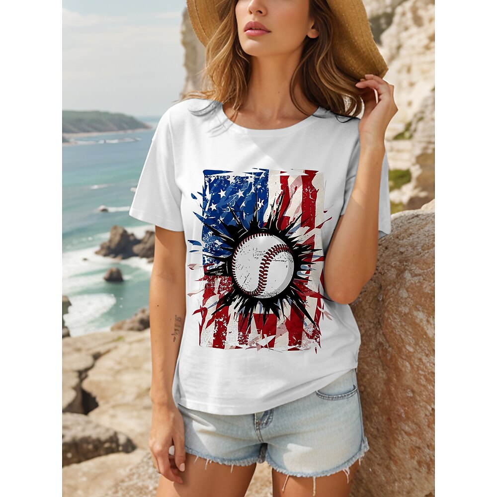 Amerikanischer Unabhängigkeitstag Damen T Shirt Baumwollhemd Grafik Flagge Lässig Kurzarm Rundhals Normale Oberteile Täglich Druck Schwarz Weiß Sommer Lightinthebox