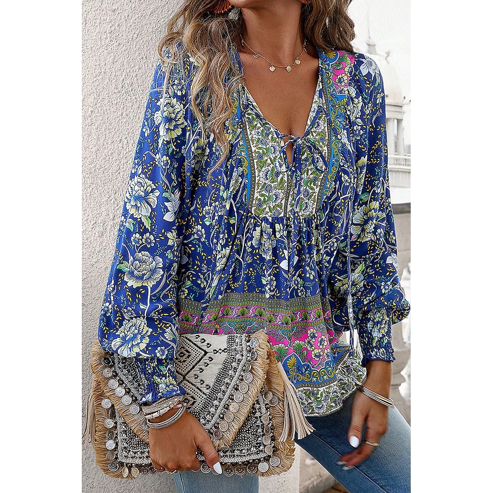 Damen Hemd Bluse Blume Täglich Stilvoll Brautkleider schlicht Langarm V Ausschnitt Normale Oberteile Täglich Festtage Bedruckt Rosa Marineblau Blau Aprikose Frühling Lightinthebox