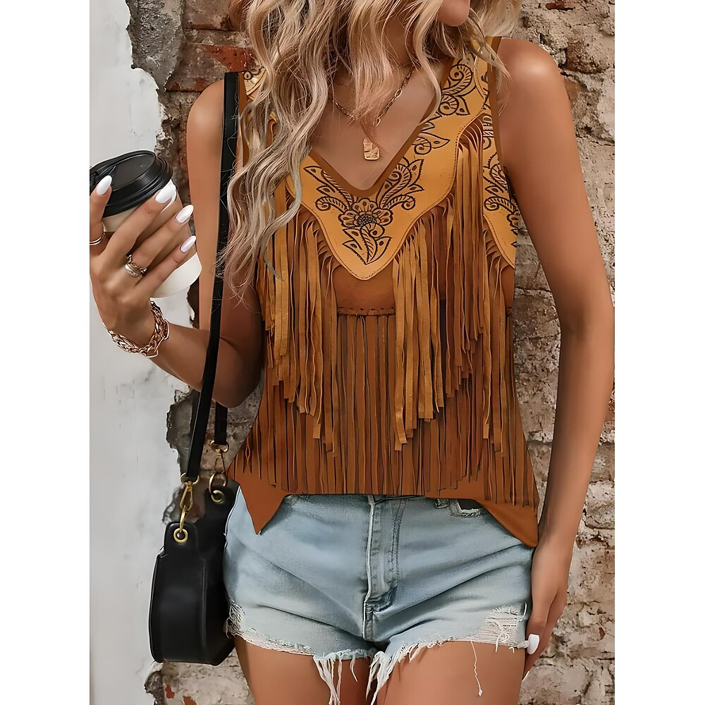 Damen Camisole Tank Top Blumenmuster Böhmen Vintage Ethno Ärmellos V-Ausschnitt Normale Oberteile Urlaub Strandkleidung Urlaubskleidung Print Khaki Sommer Lightinthebox