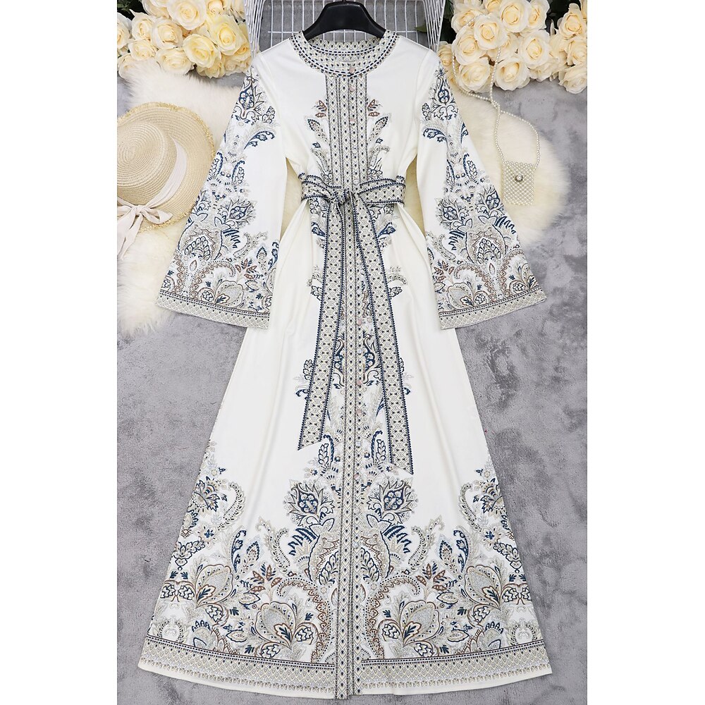 Damen Midikleid Boho-Kleid Mode Modern Outdoor Ferien Ausgehen Normale Passform Blume Langarm Rundhalsausschnitt Weiß Sommer Lightinthebox