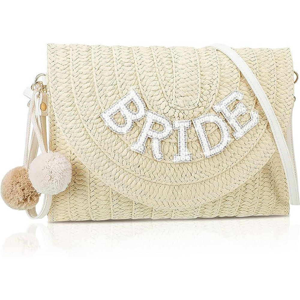 Braut Clutch aus Stroh, gewebte Umhängetasche aus Rattan mit Perlenschriftzug, Strand-Junggesellinnen-Hochzeitshandtasche, Brautparty-Flitterwochen-Geschenk Lightinthebox