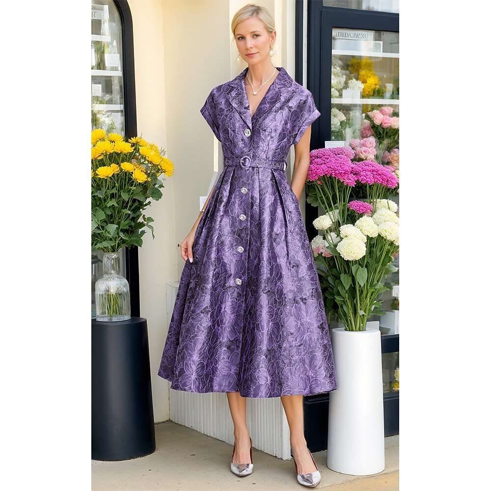 Kleid für die Brautmutter, elegantes Vintage-Partykleid mit V-Ausschnitt, knielang, Jacquard, kurze Ärmel, Kristallknöpfe und Gürtel 2025 Lightinthebox