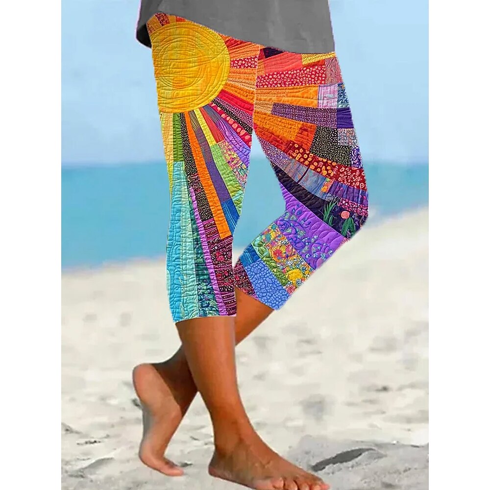 Damen Leggings Urlaub Mode Hawaiianisch Wadenlang Mittlere Taille Grafik Patchwork Drucken Atmungsaktiv Weich Mikroelastisch Urlaub Lässig Täglich Regenbogen Sommer Frühling Normale Passform Lightinthebox