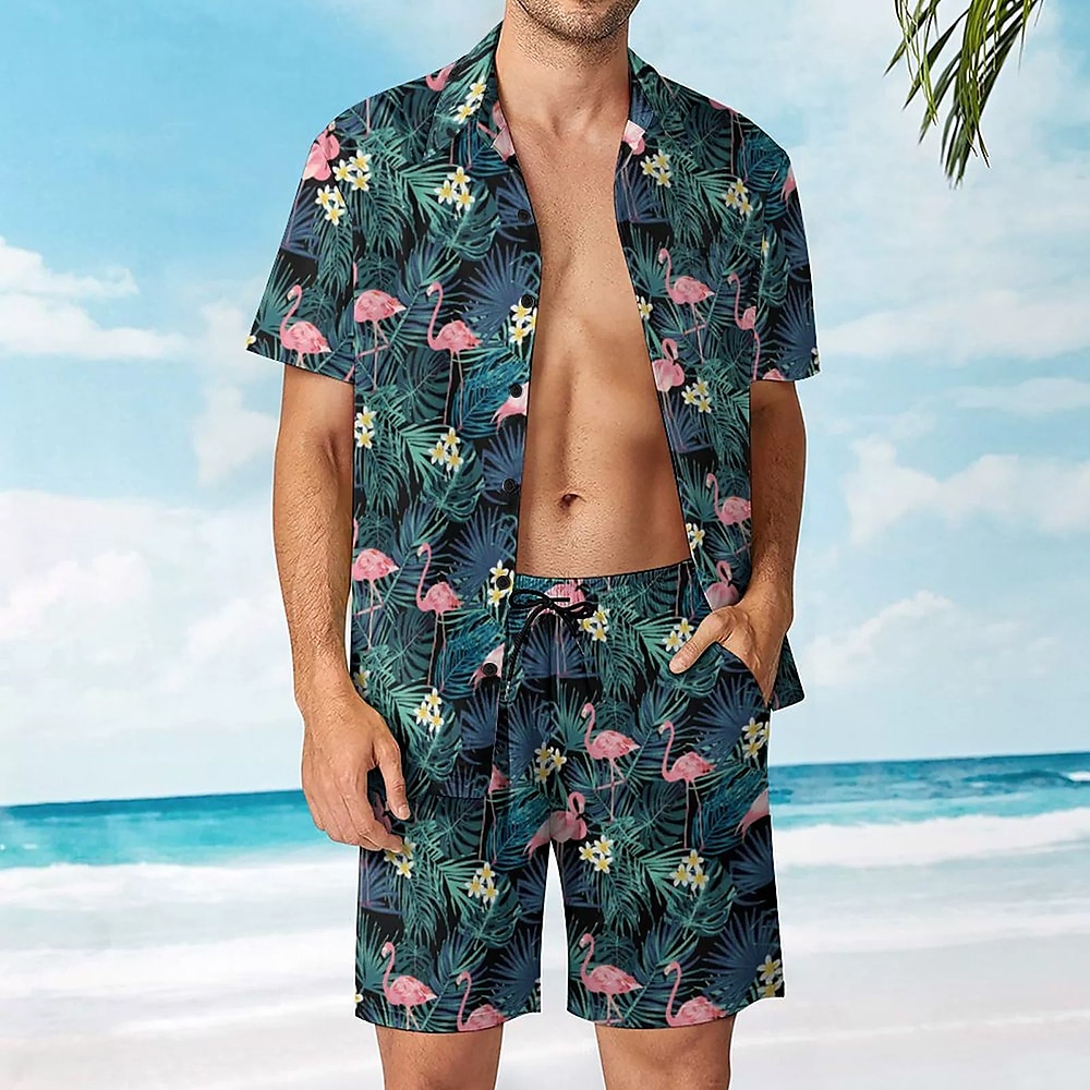 Herren Tiermuster Druck 2St Hawaiihemd Sommerhemd Kurzarm Kurze Hosen Hemden-Sets Umlegekragen Urlaub Casual Täglich Urlaubskleidung 3D-Druck Grün Lightinthebox