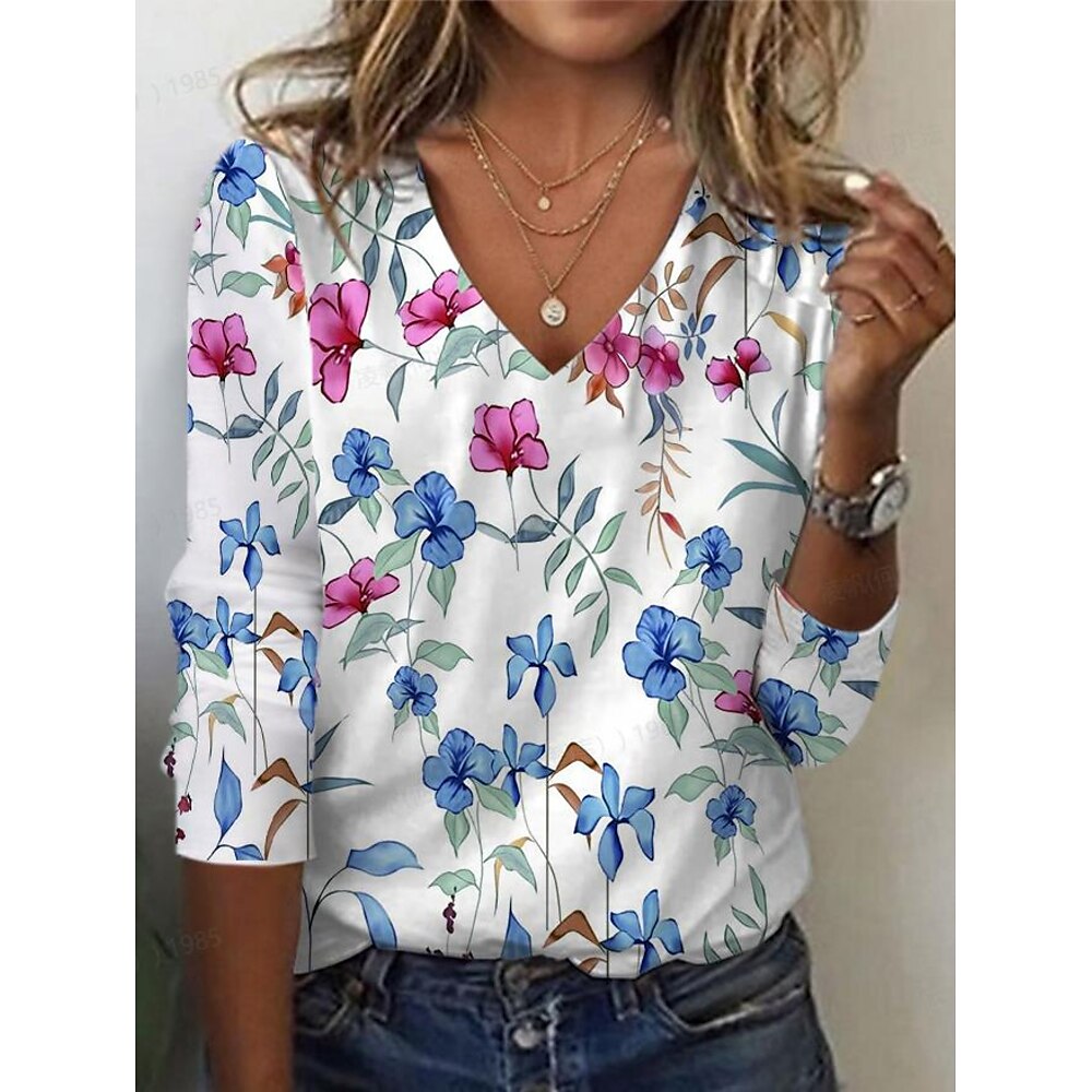 Damen T Shirt Blumen Karomuster Lässig Langarm V Ausschnitt Normale Oberteile Täglich Druck Weiß Hellgrün Frühling Herbst Lightinthebox