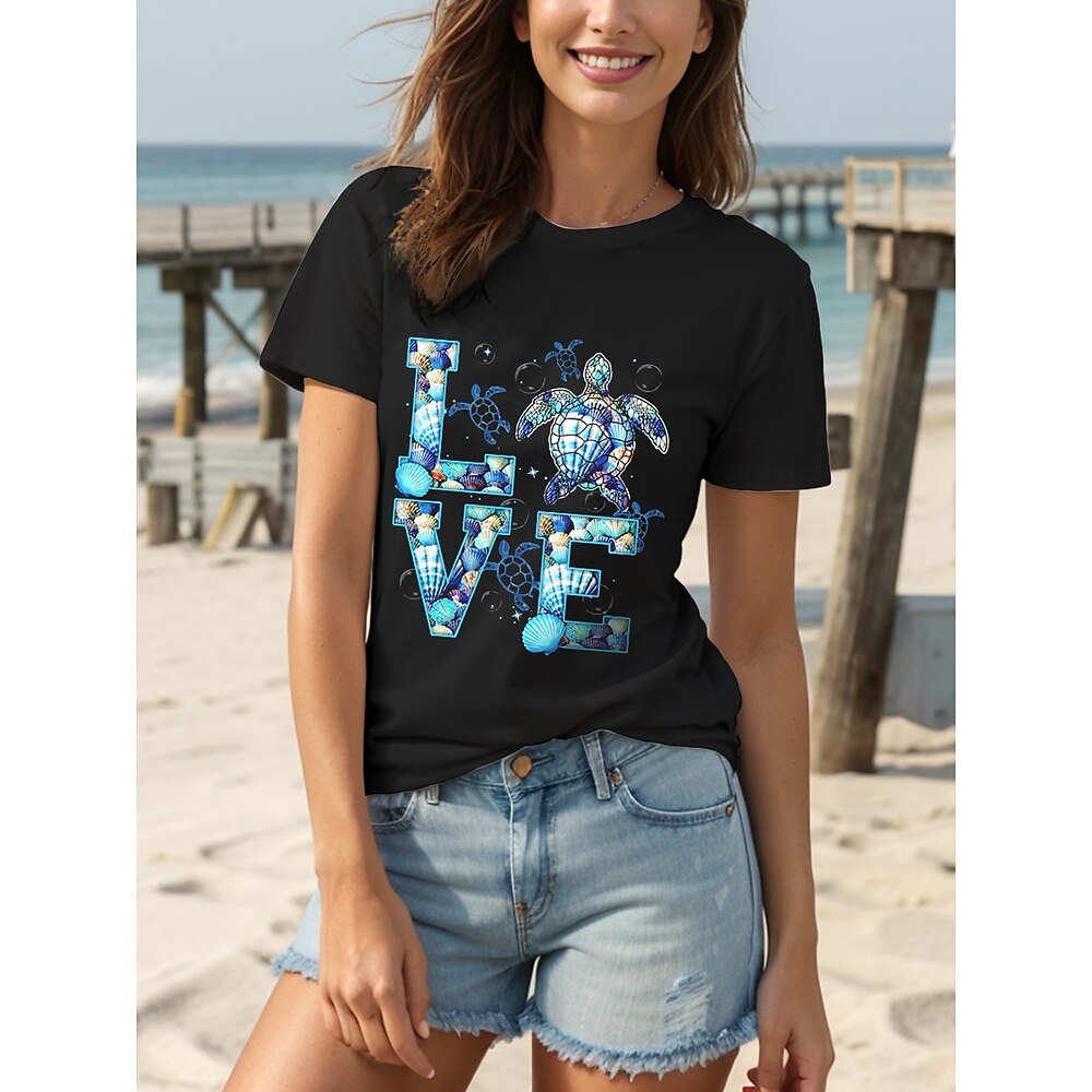 Damen T Shirt Baumwollhemd Grafik Tiermotiv Ozean Lässig Kurzarm Rundhals Normale Oberteile Täglich Druck Schwarz Grün Sommer Lightinthebox
