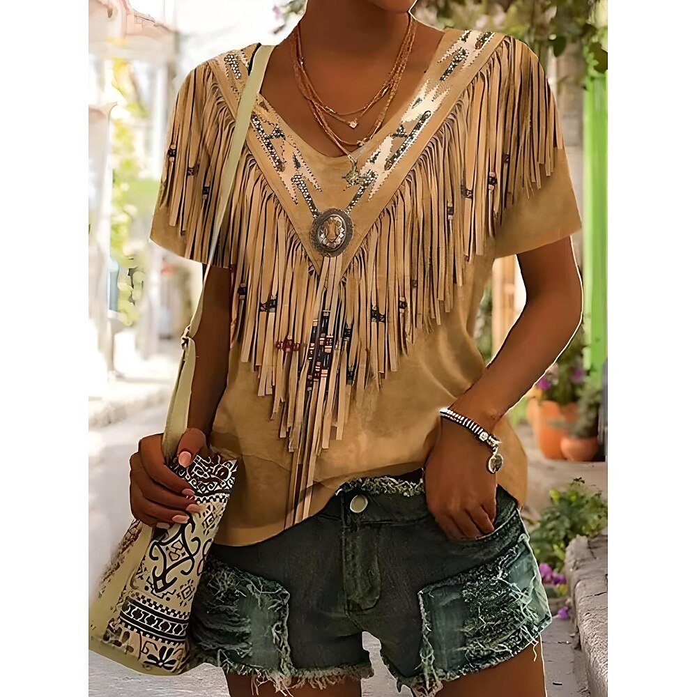 Damen T Shirt Grafik Bohemien Vintage Western Kurzarm V Ausschnitt Normale Oberteile Täglich Strandbekleidung Urlaubskleidung Druck Rote Blau Grün Khaki Sommer Frühling Lightinthebox