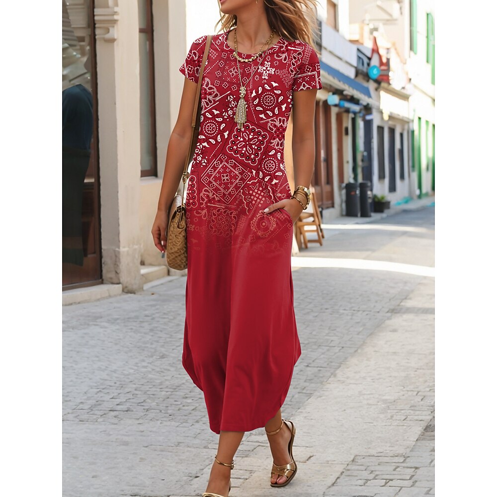 Damen Maxikleid T-Shirt-Kleid Sommerkleid Lässig Täglich Normale Passform Grafik Paisley-Muster Kurzarm Rundhalsausschnitt Rote Sommer Lightinthebox